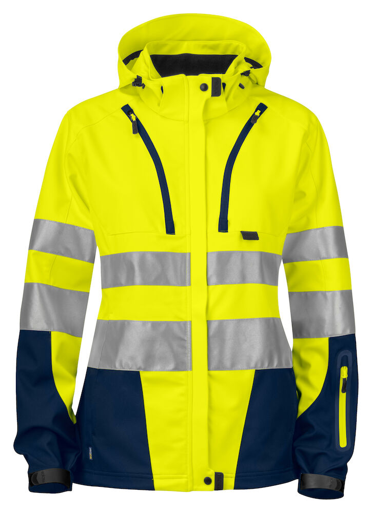 6423 FUNKTIONELLE SOFTSHELL DAMENJACKE EN ISO 20471 KLASSE 3 /2 10 gelb/marine hv 3XL